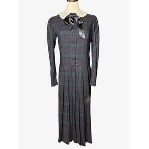 Vintage Laura Ashley Plaid Dress 12 Bow Puff Sleeves Tartan Wool Blend Britain